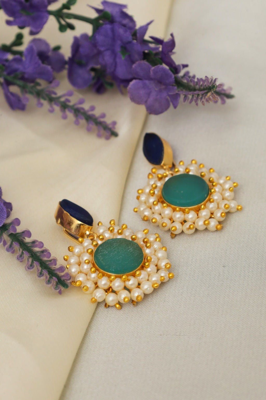 Gold Plated Gajra Pearl Quartz Stud Earrings - Zehnaz.ae