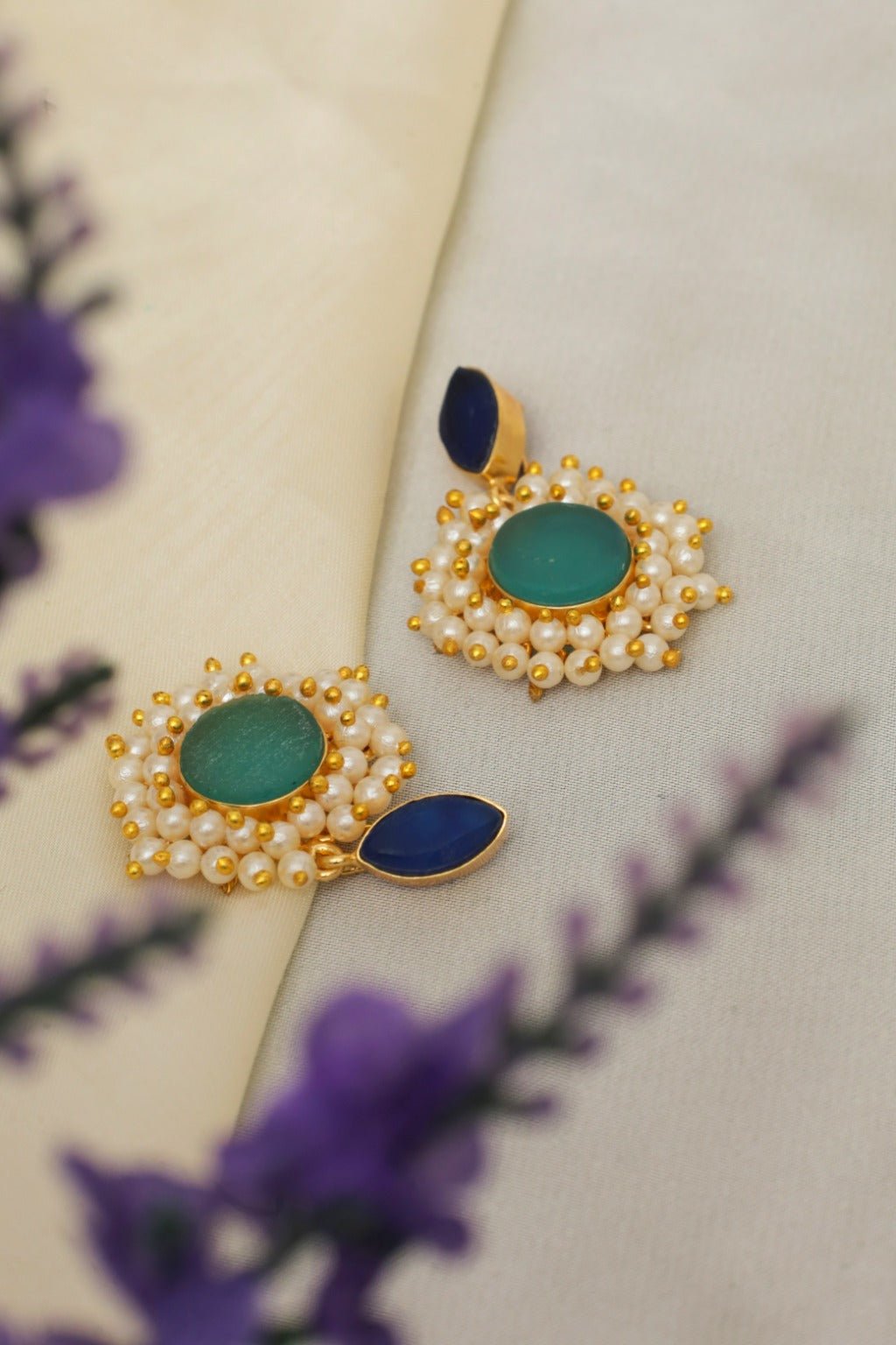 Gold Plated Gajra Pearl Quartz Stud Earrings - Zehnaz.ae
