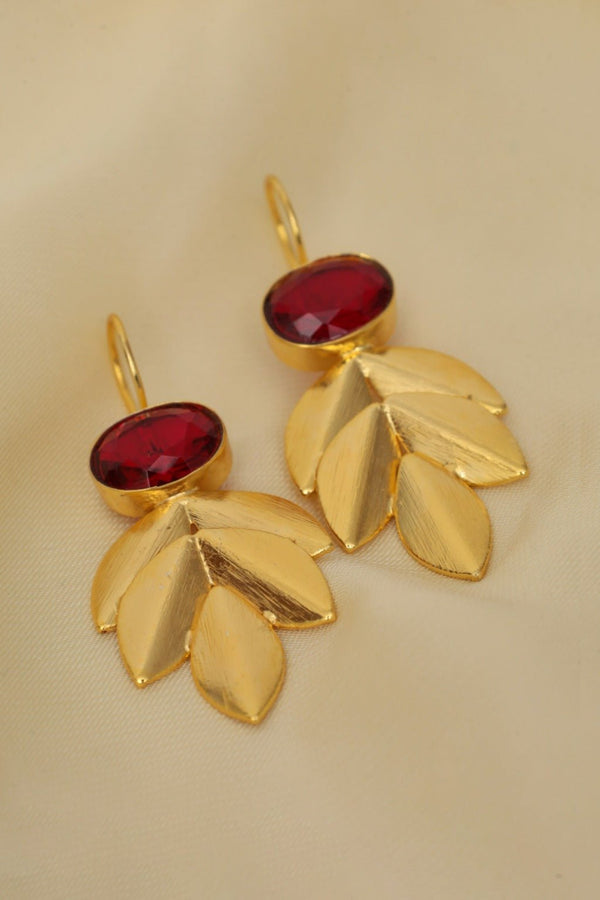Gold Plated Garnet Leaf Wedding Statement Earrings - Zehnaz.ae