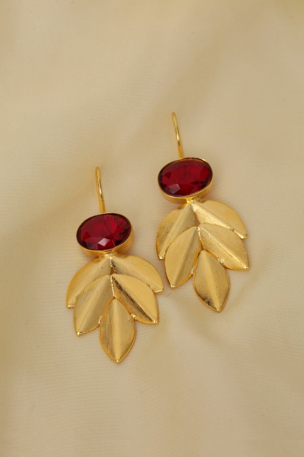 Gold Plated Garnet Leaf Wedding Statement Earrings - Zehnaz.ae