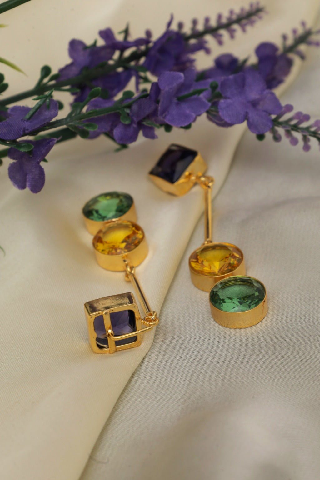 Gold - Plated Gemstone Drop Earrings - Zehnaz.ae