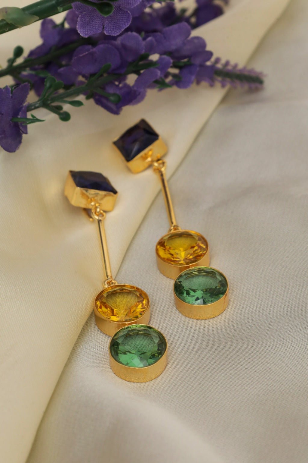 Gold - Plated Gemstone Drop Earrings - Zehnaz.ae