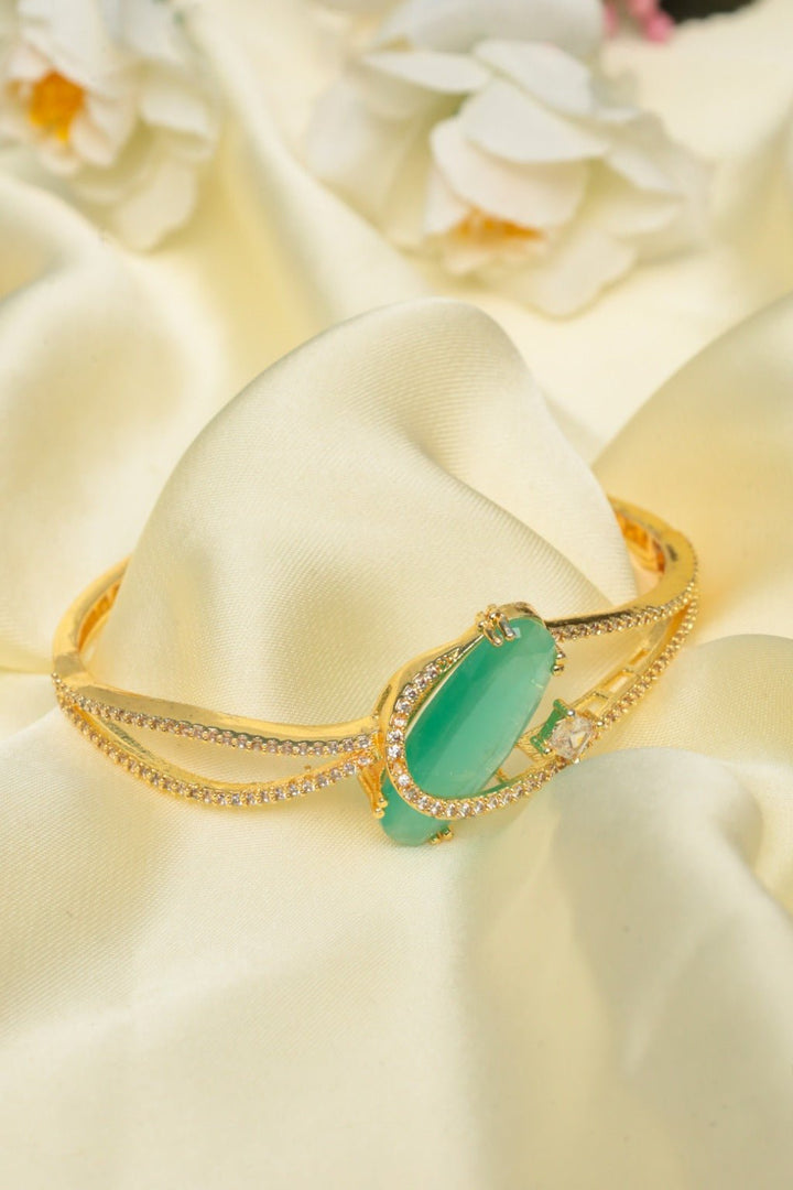 Gold - Plated Green Gemstone Open Cuff Bracelet - Zehnaz.ae