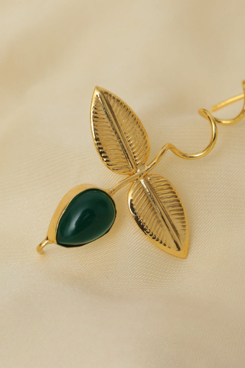 Gold Plated Green Leaf Brooch with Cabochon Stone - Zehnaz.ae