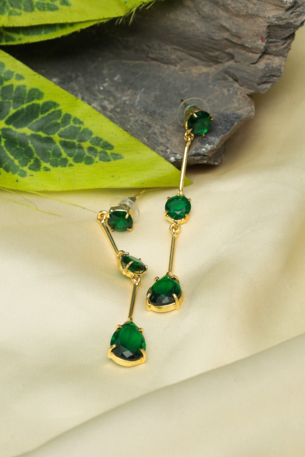 Gold Plated Green Linear Drop Earrings - Zehnaz.ae