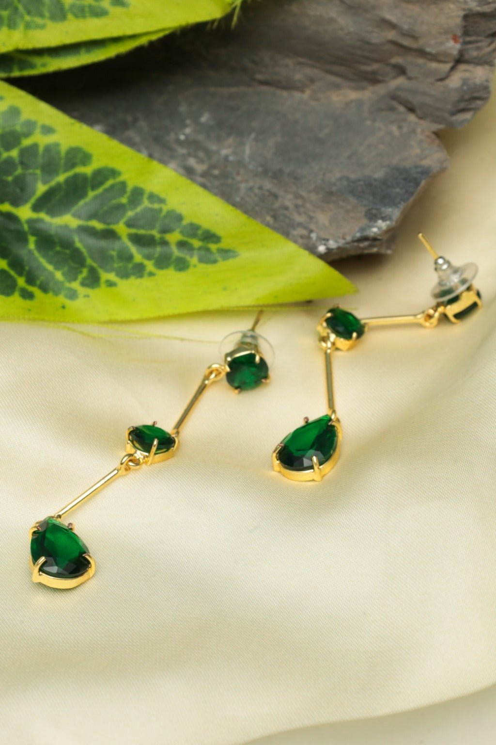 Gold Plated Green Linear Drop Earrings - Zehnaz.ae