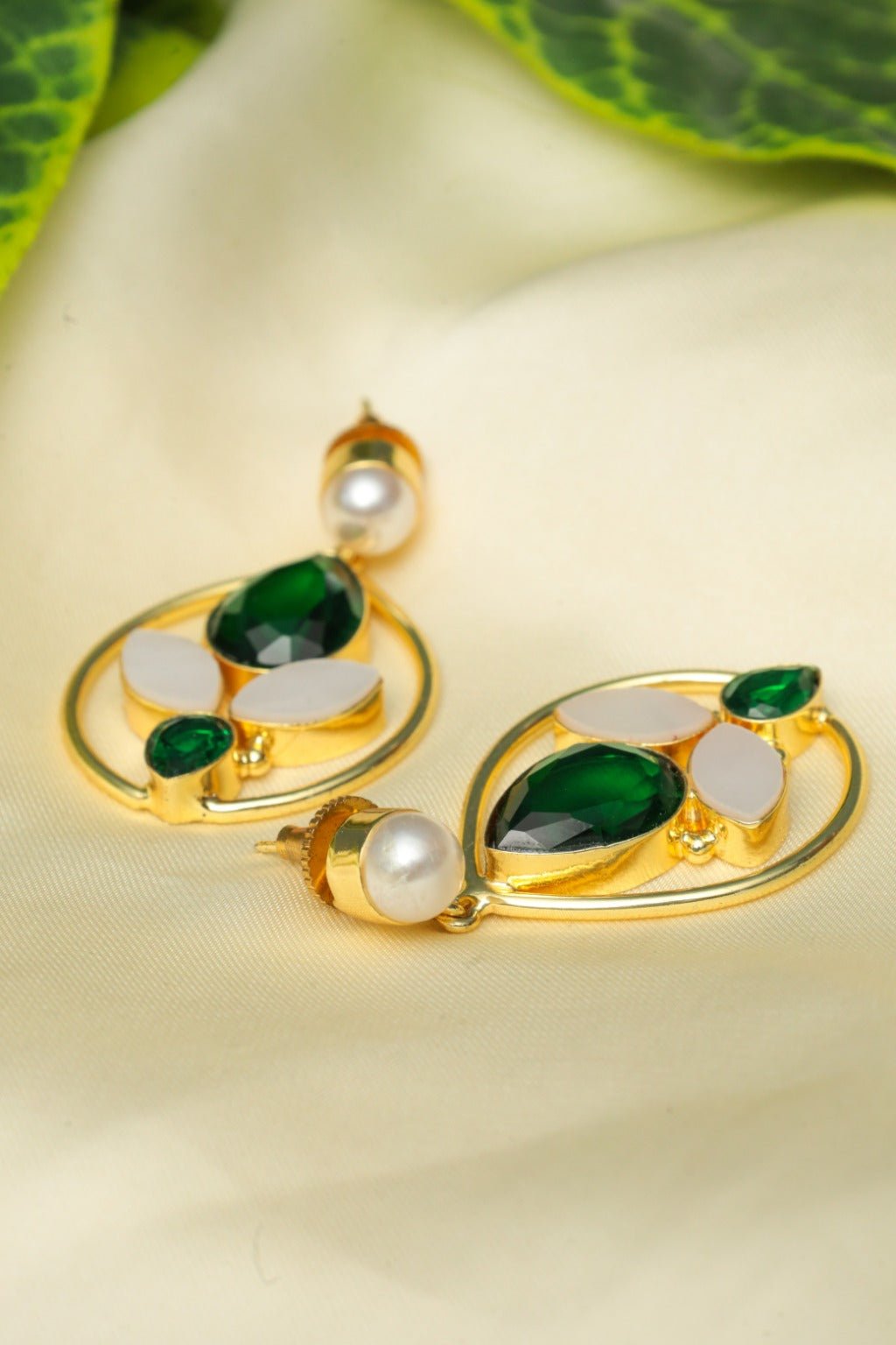 Gold Plated Green Lotus Drop Statement Earrings - Zehnaz.ae