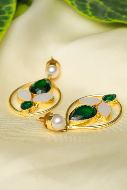 Gold Plated Green Lotus Drop Statement Earrings