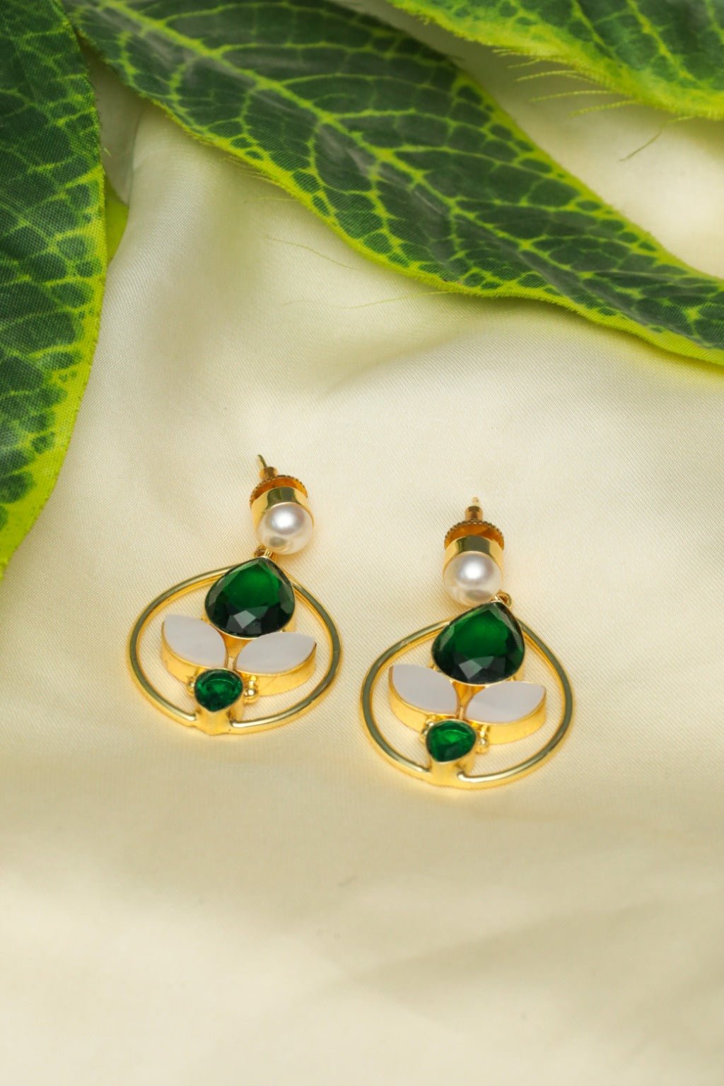 Gold Plated Green Lotus Drop Statement Earrings - Zehnaz.ae