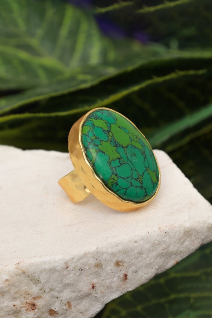Gold Plated Green Turquoise Statement Ring - Zehnaz.ae