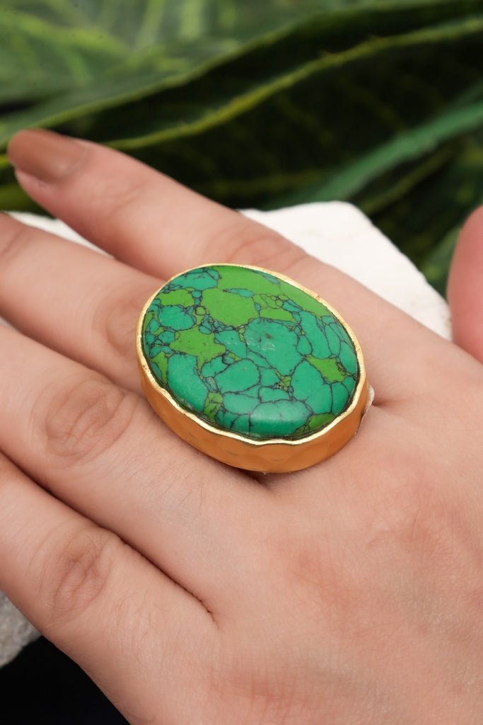 Gold Plated Green Turquoise Statement Ring - Zehnaz.ae