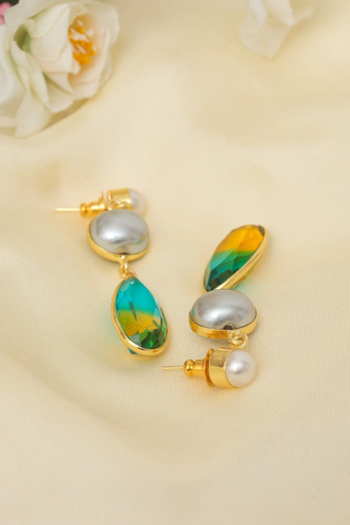 Gold Plated Grey Pearl Two-Tone Drop Earrings