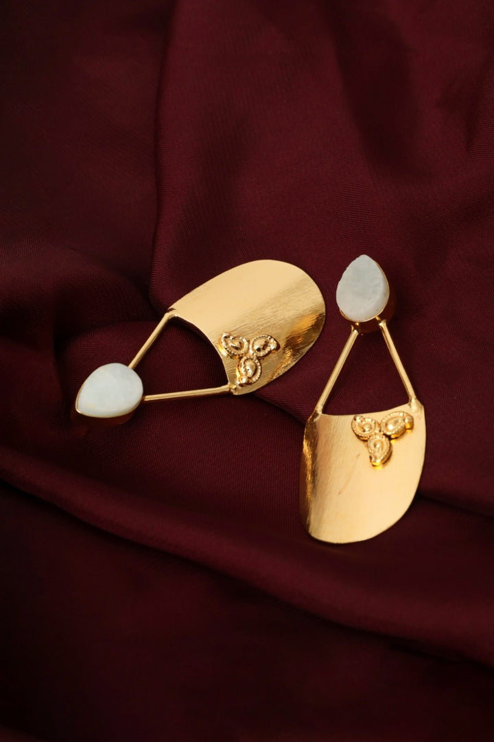 Gold Plated Hammered Shield Drop Statement Earrings - Zehnaz.ae