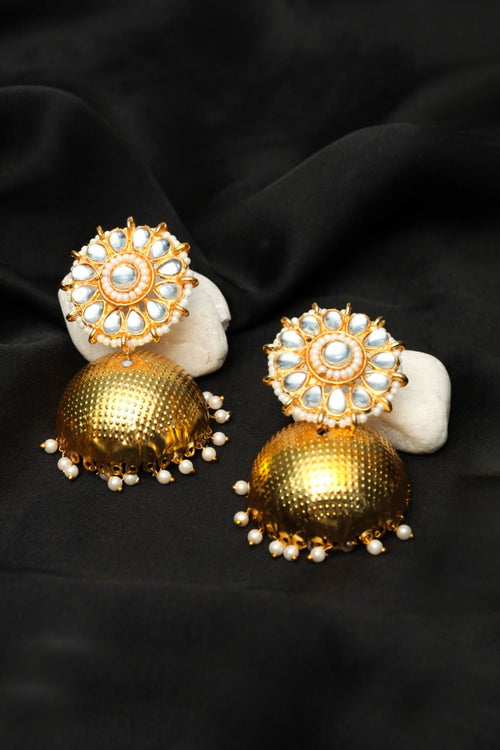 Gold Plated Kundan Pearl Jhumka Earrings