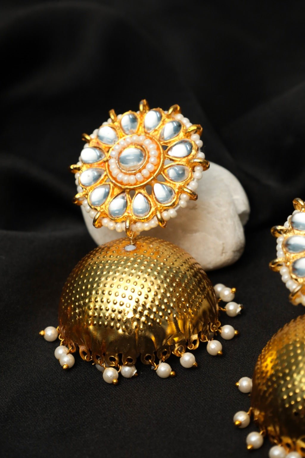 Gold Plated Kundan Pearl Jhumka Earrings - Zehnaz.ae