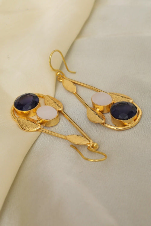 Gold Plated Leaf Gem Drop Statement Earrings