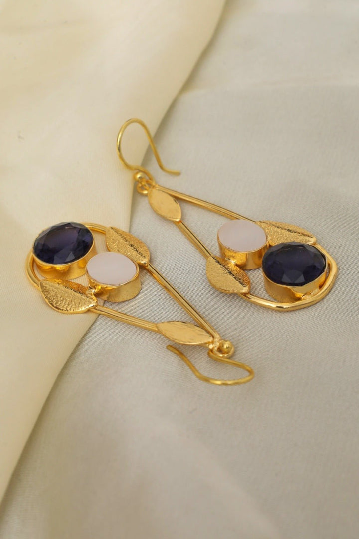 Gold Plated Leaf Gem Drop Statement Earrings - Zehnaz.ae