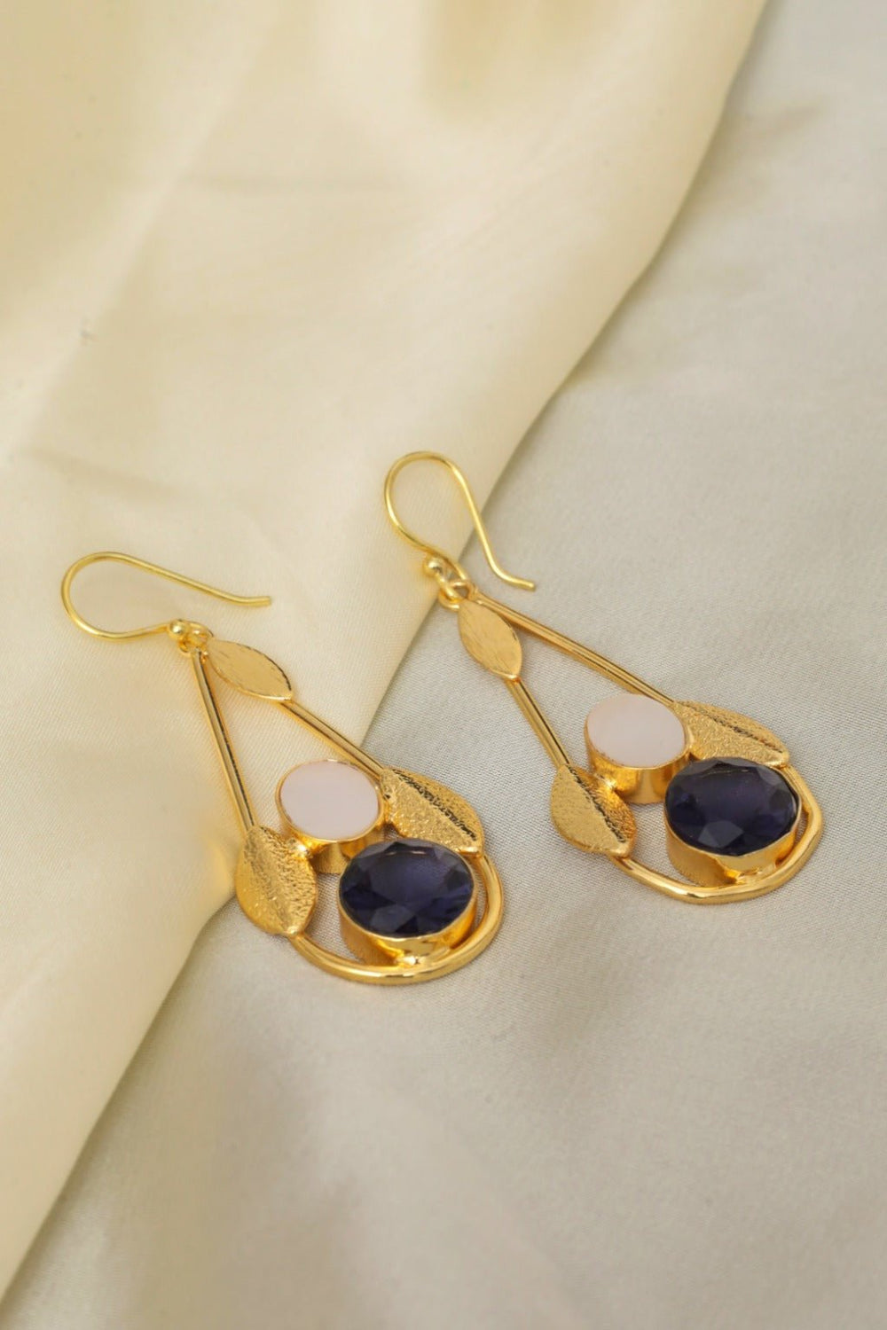 Gold Plated Leaf Gem Drop Statement Earrings - Zehnaz.ae