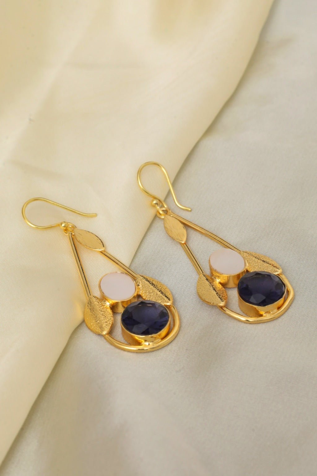 Gold Plated Leaf Gem Drop Statement Earrings - Zehnaz.ae