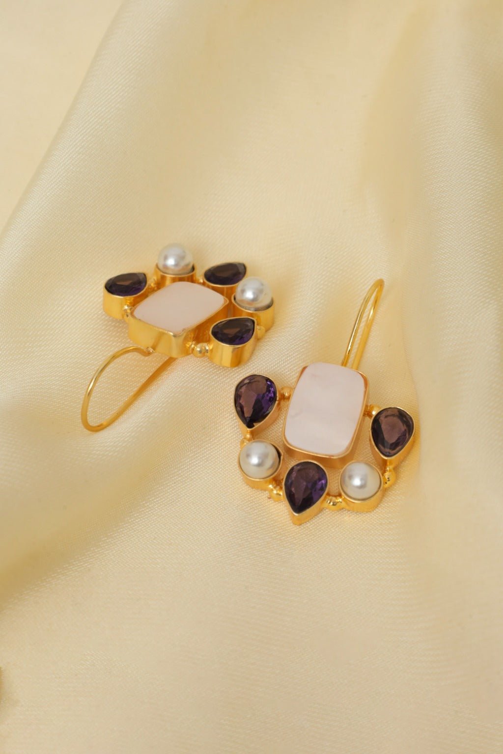 Gold - Plated Memories Multi - Stone Pearl Drop Earrings - Zehnaz.ae