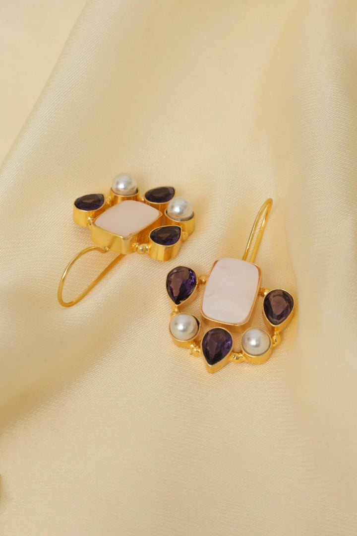 Gold - Plated Memories Multi - Stone Pearl Drop Earrings - Zehnaz.ae