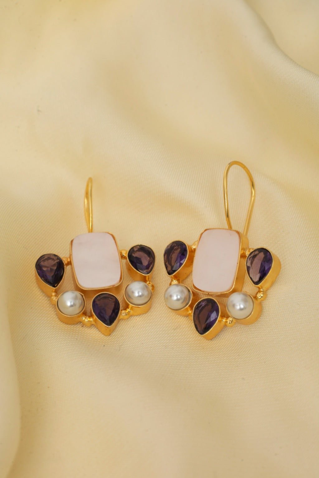 Gold - Plated Memories Multi - Stone Pearl Drop Earrings - Zehnaz.ae