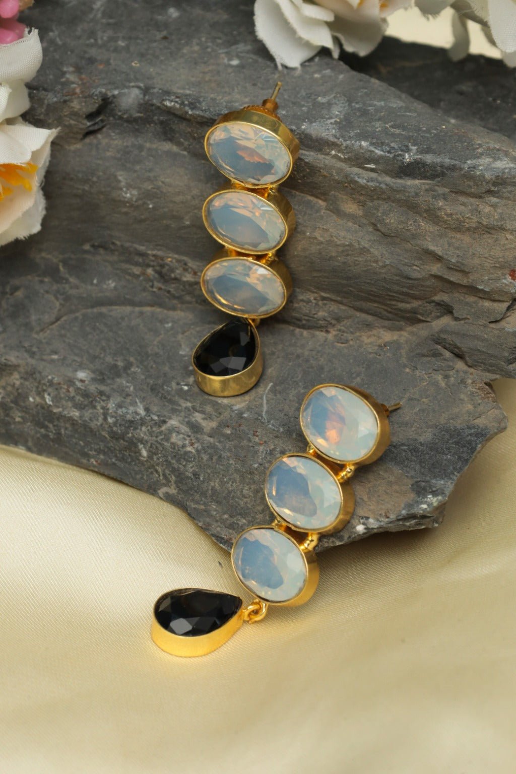 Gold - Plated Moonstone & Onyx Drop Earrings - Zehnaz.ae