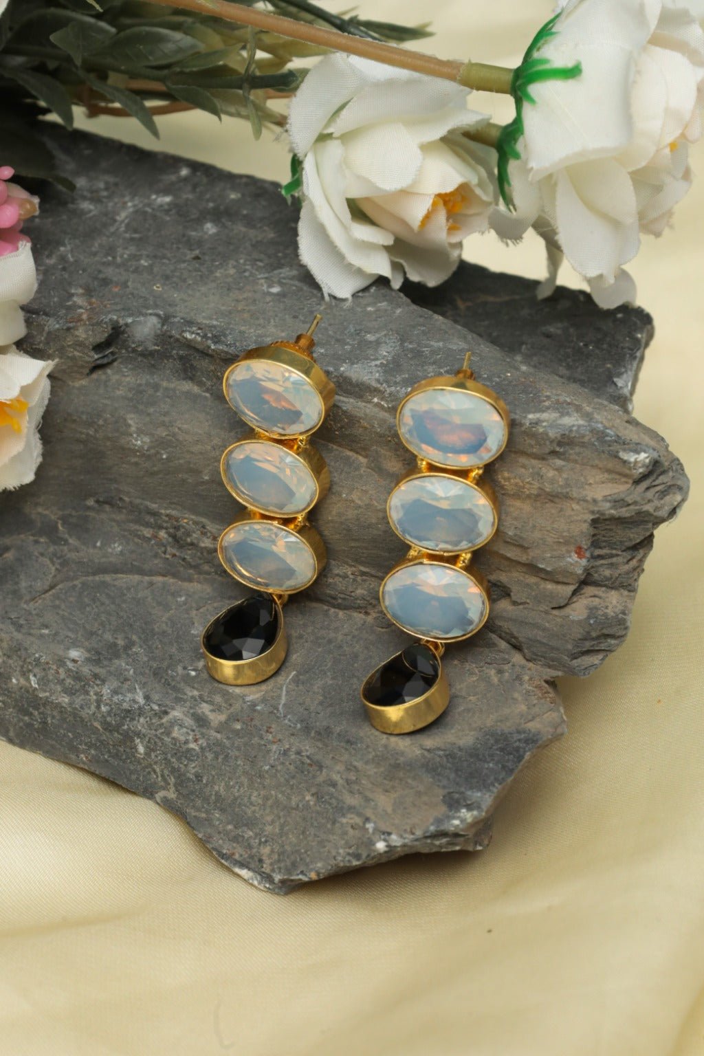 Gold - Plated Moonstone & Onyx Drop Earrings - Zehnaz.ae