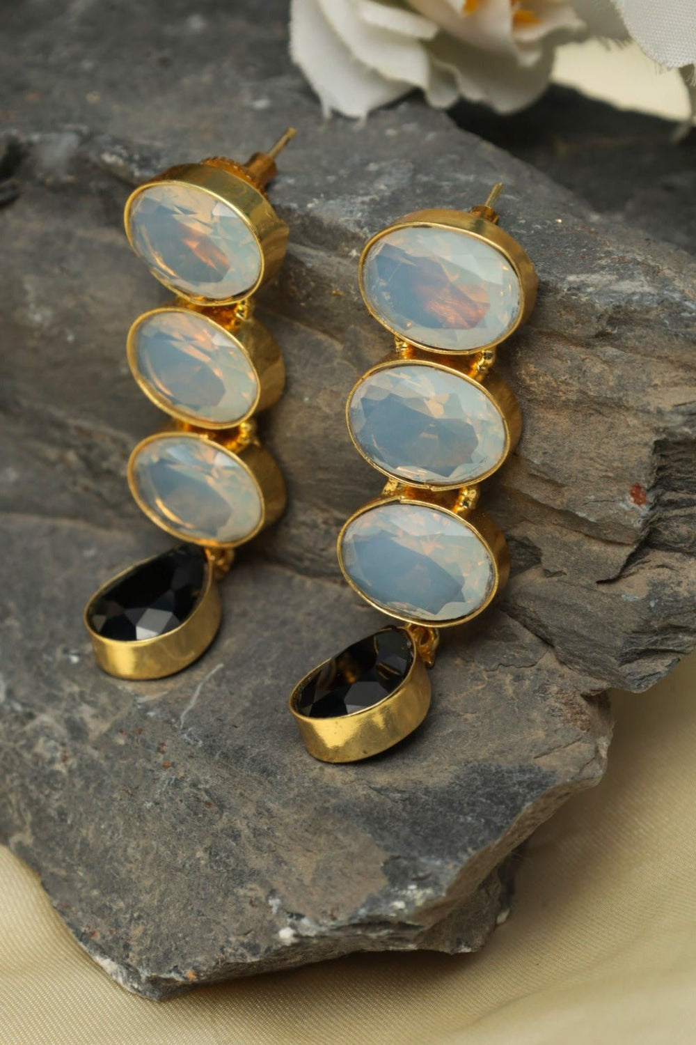 Gold - Plated Moonstone & Onyx Drop Earrings - Zehnaz.ae