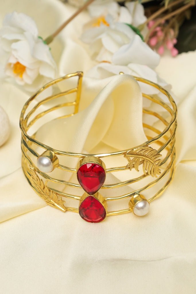 Gold - Plated Multi - Band Red Stone & Pearl Cuff Bracelet - Zehnaz.ae
