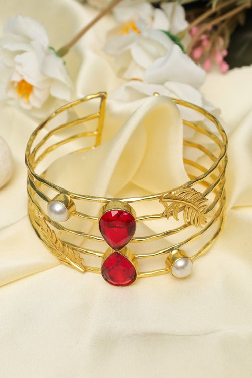 Gold-Plated Multi-Band Red Stone & Pearl Cuff Bracelet