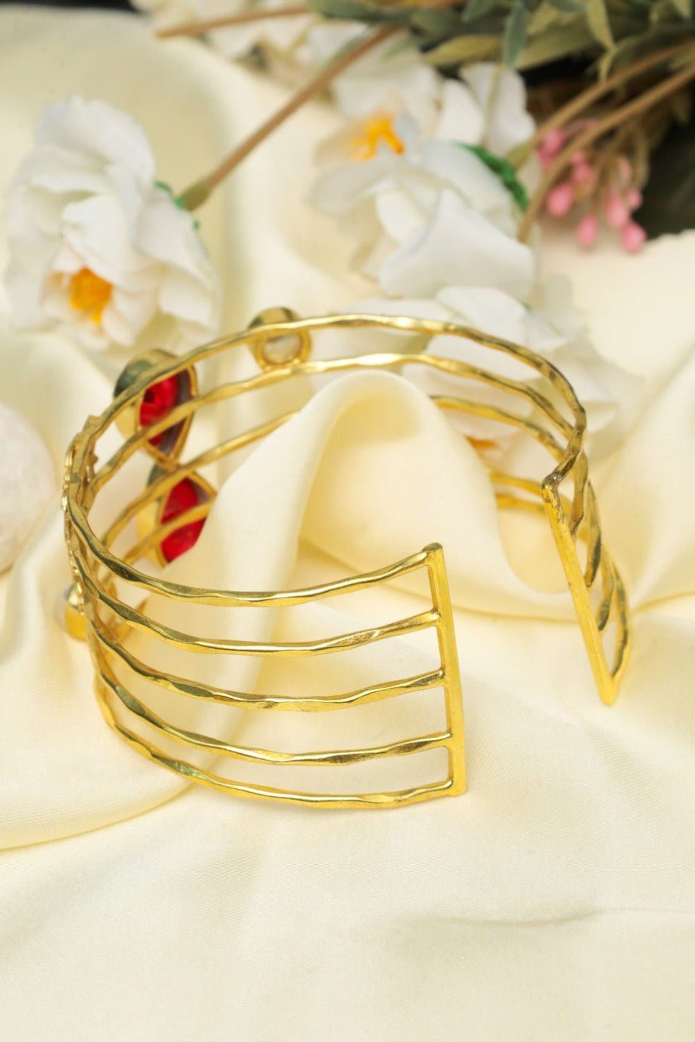 Gold - Plated Multi - Band Red Stone & Pearl Cuff Bracelet - Zehnaz.ae