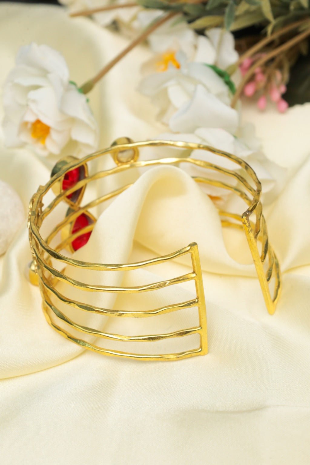 Gold - Plated Multi - Band Red Stone & Pearl Cuff Bracelet - Zehnaz.ae