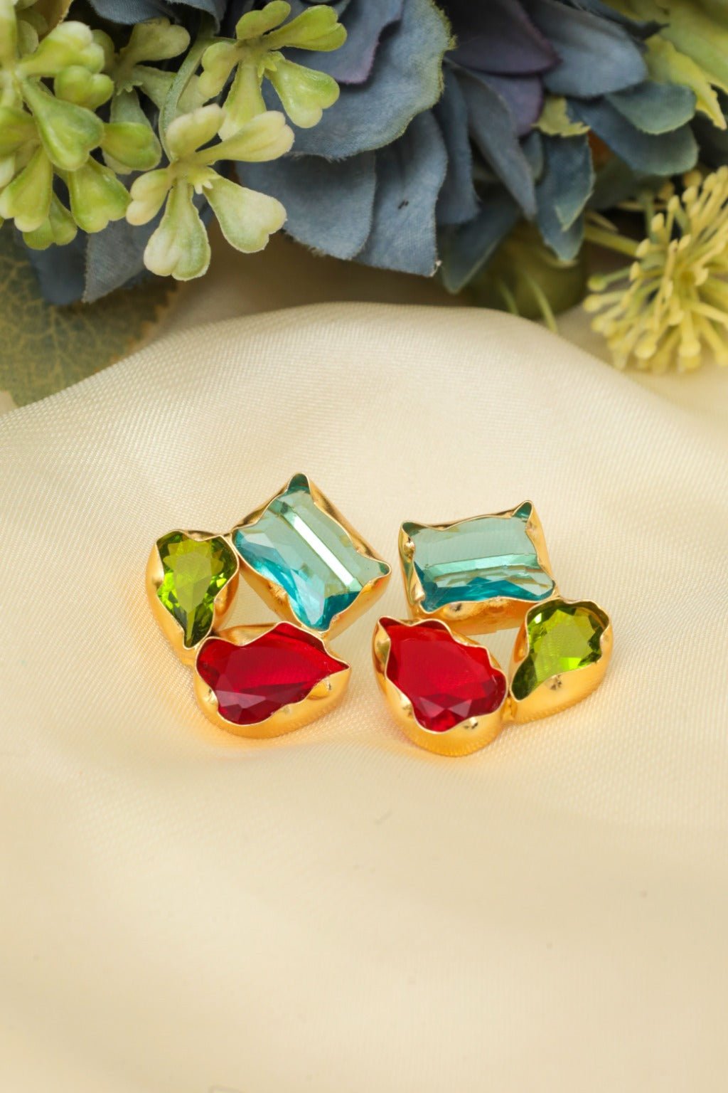 Gold - Plated Multi - Gem Stud Earrings - Zehnaz.ae