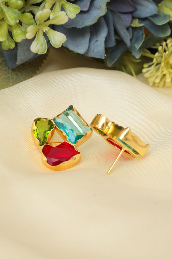 Gold - Plated Multi - Gem Stud Earrings - Zehnaz.ae
