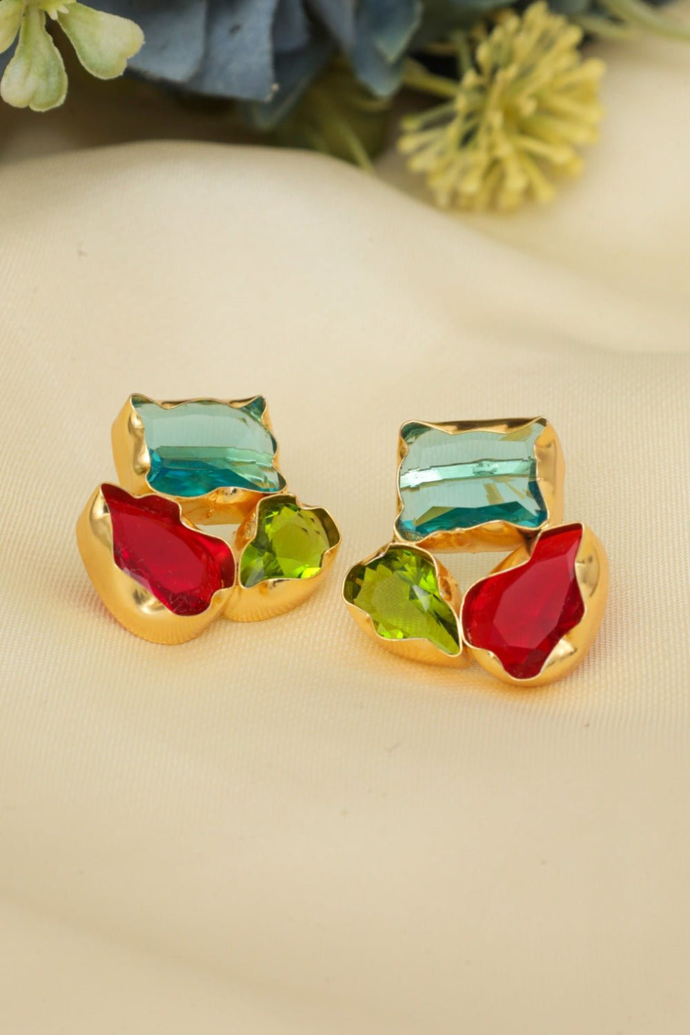 Gold - Plated Multi - Gem Stud Earrings - Zehnaz.ae
