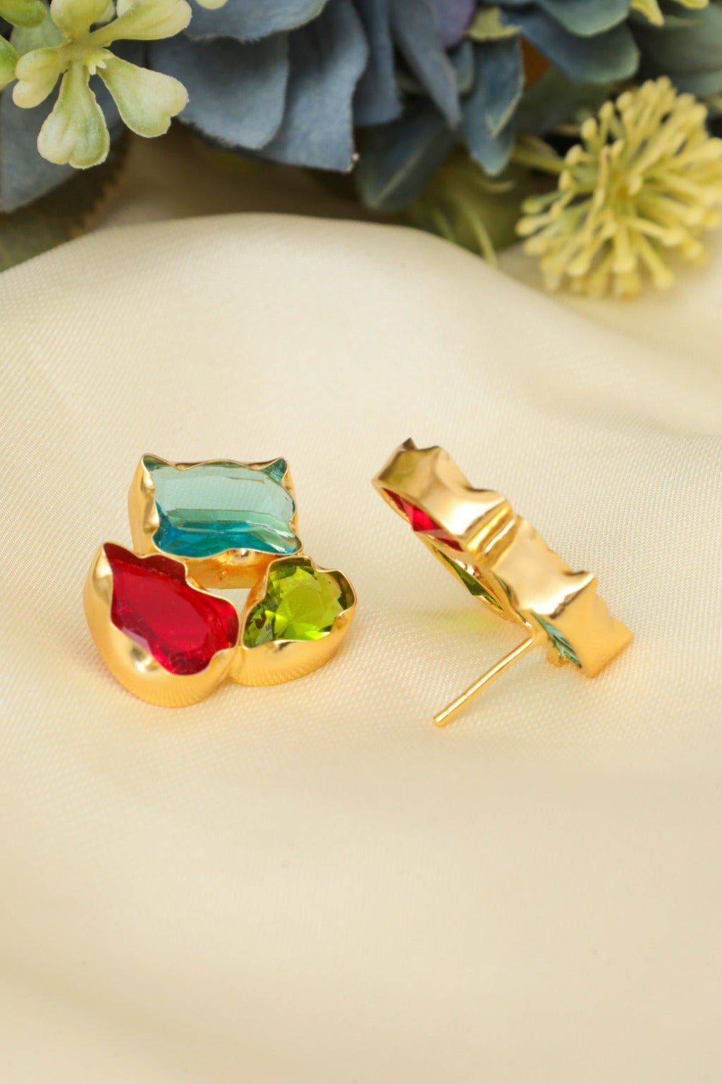 Gold - Plated Multi - Gem Stud Earrings - Zehnaz.ae