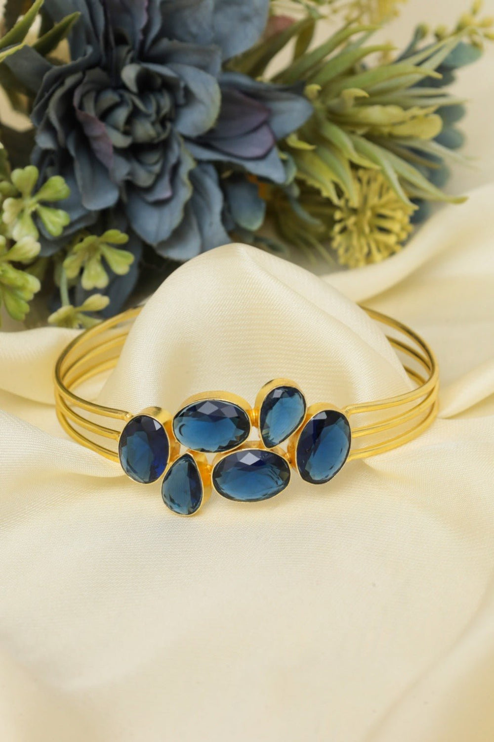 Gold - Plated Multi - Stone Blue Cuff Bangle – Statement Jewelry - Zehnaz.ae