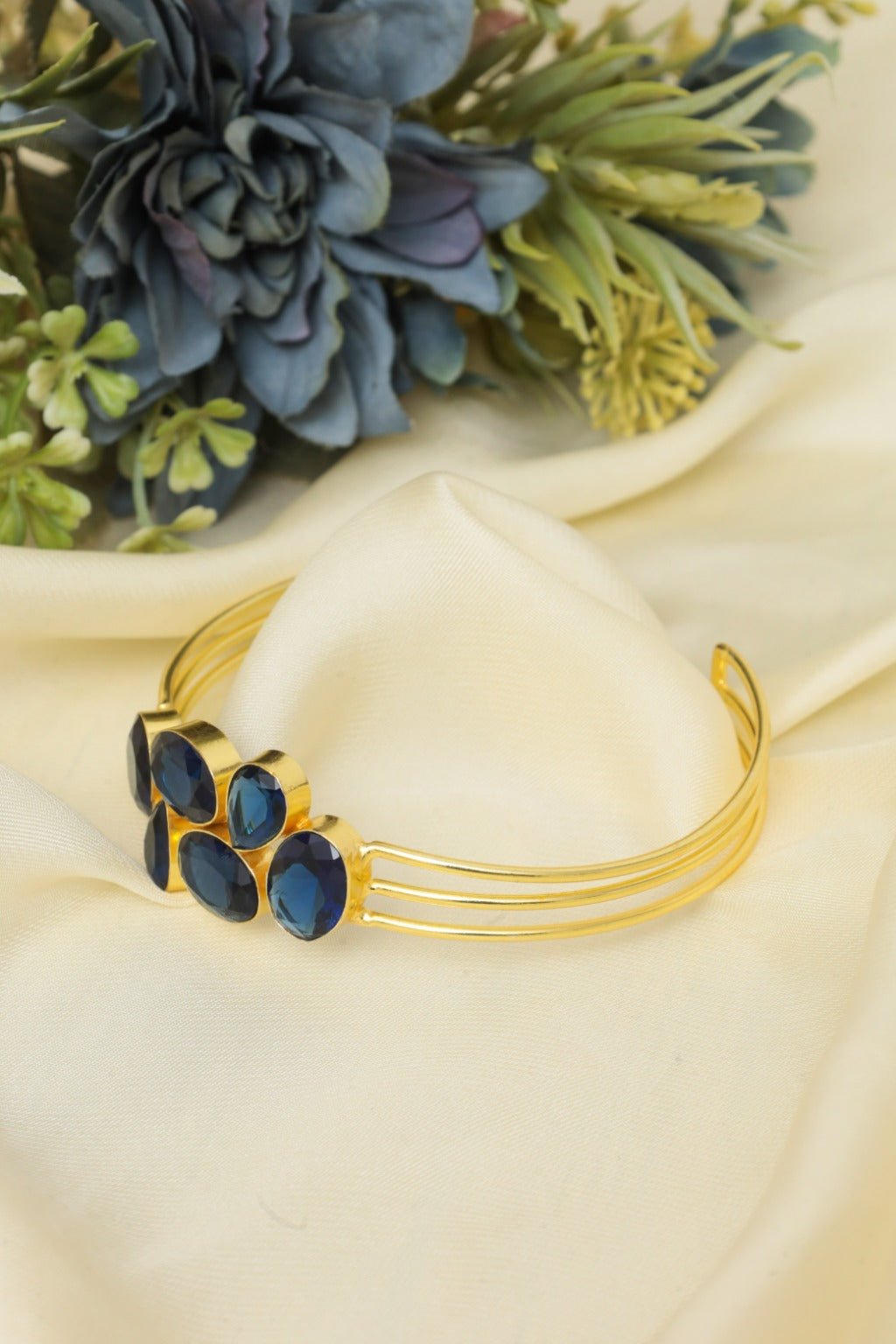 Gold - Plated Multi - Stone Blue Cuff Bangle – Statement Jewelry - Zehnaz.ae