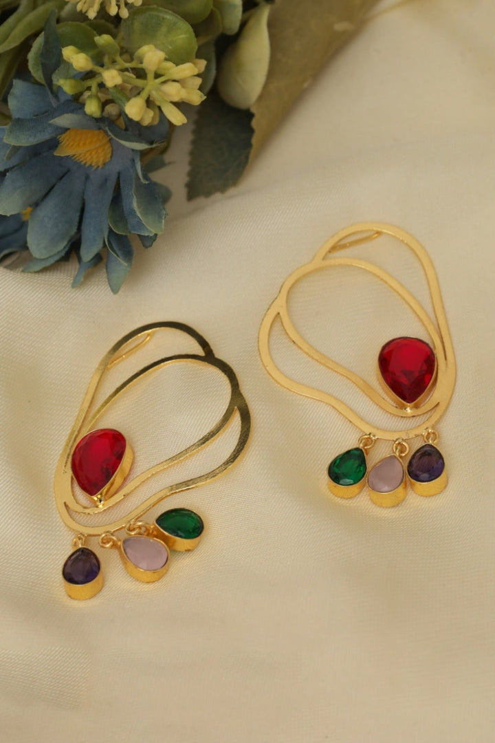 Gold - Plated Multi - Stone Drop Earrings - Zehnaz.ae