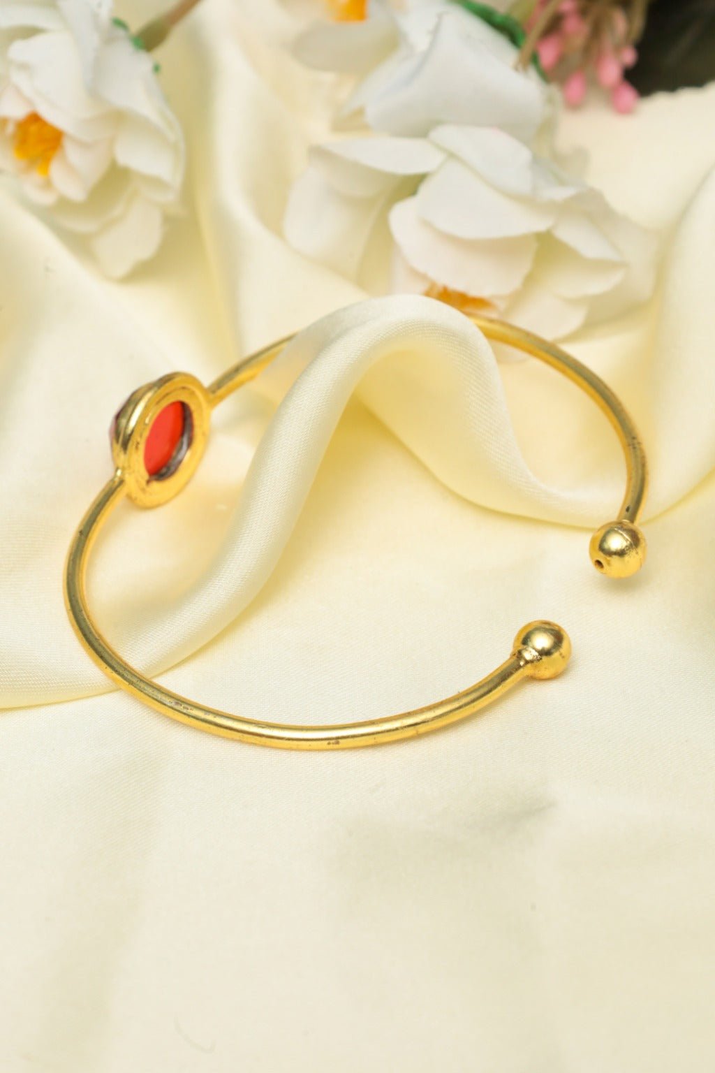 Gold - Plated Open Cuff Bracelet with Red Gemstone – Elegant Statement Jewelry - Zehnaz.ae