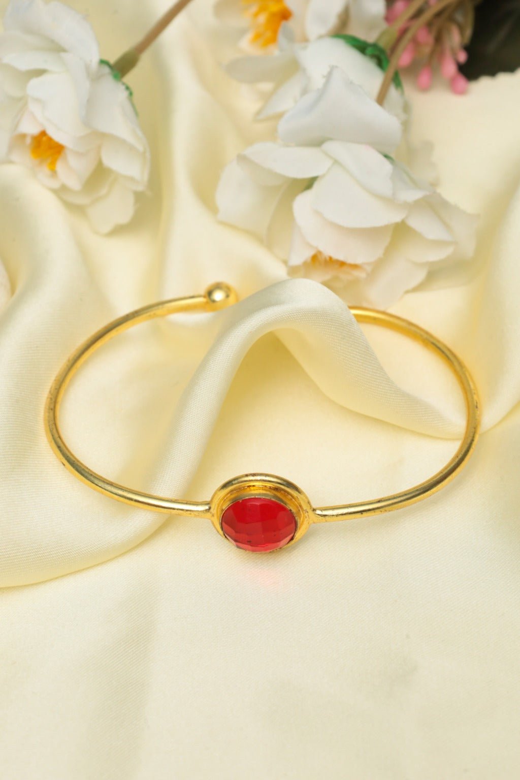 Gold - Plated Open Cuff Bracelet with Red Gemstone – Elegant Statement Jewelry - Zehnaz.ae