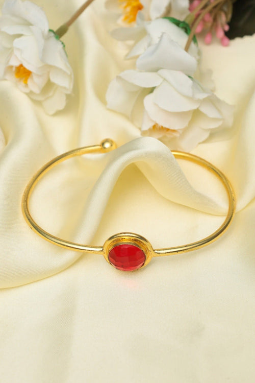 Gold-Plated Open Cuff Bracelet with Red Gemstone – Elegant Statement Jewelry