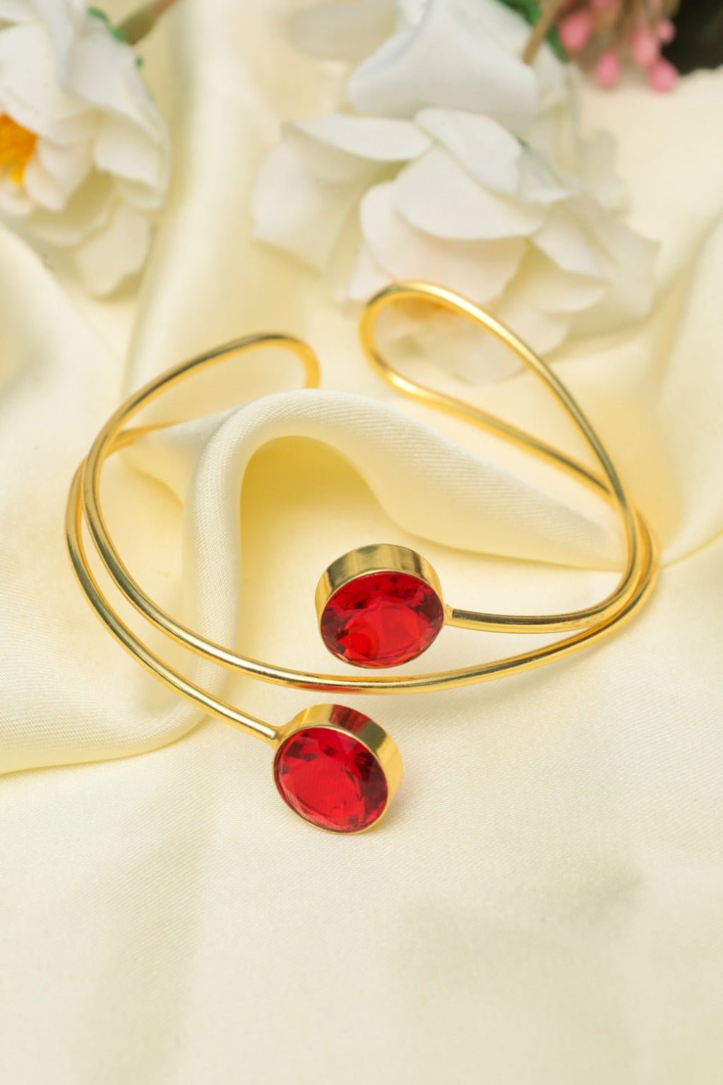 Gold - Plated Open Cuff Bracelet with Red Oval Stones – Statement Jewelry - Zehnaz.ae