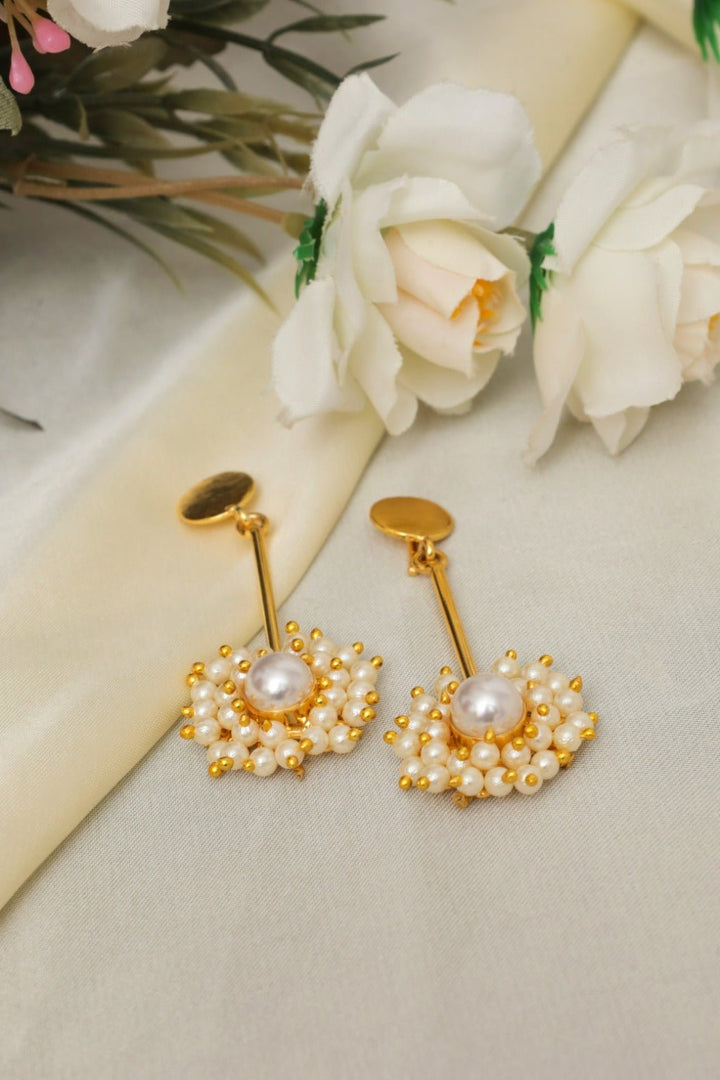 Gold - Plated Pearl Bunch Drop Earrings - Zehnaz.ae