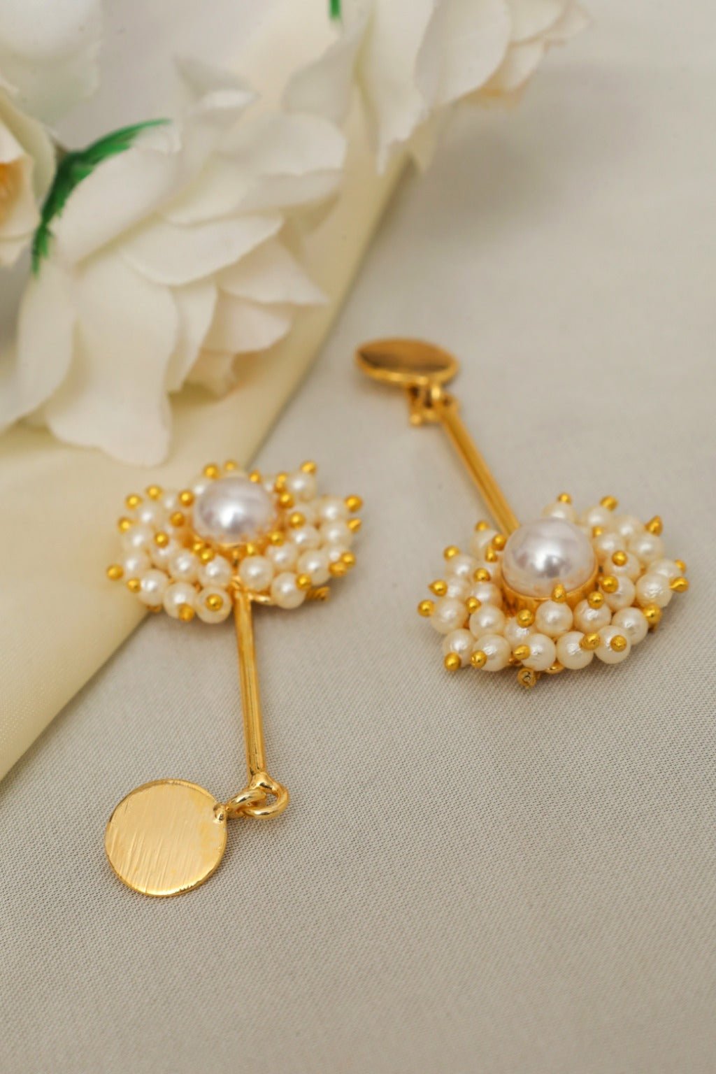 Gold - Plated Pearl Bunch Drop Earrings - Zehnaz.ae