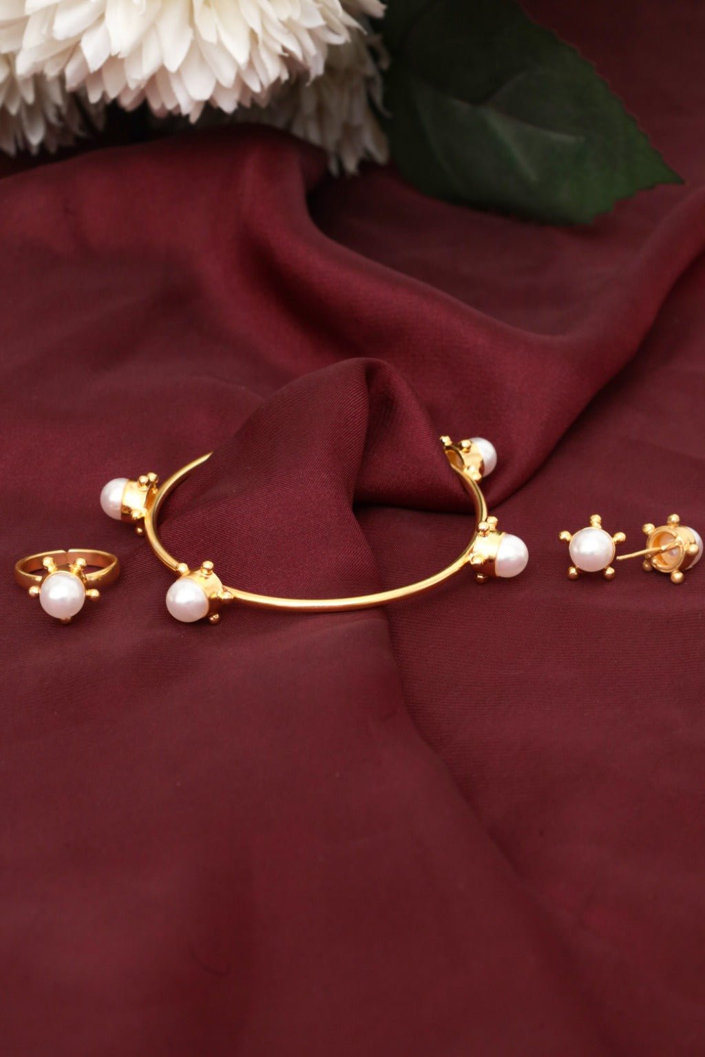 Gold - Plated Pearl Jewelry Set – Bangle, Ring & Stud Earrings - Zehnaz.ae