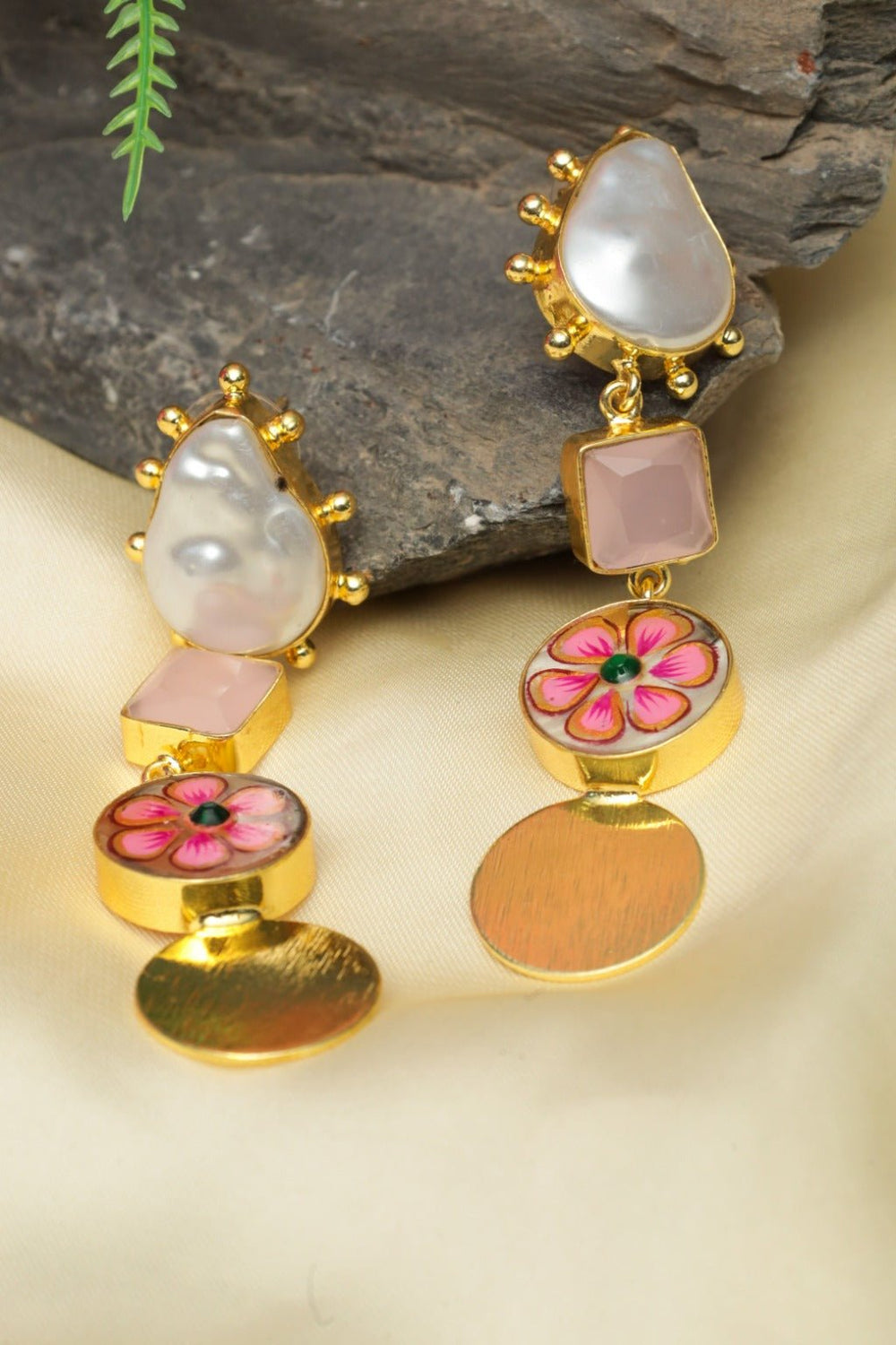 Gold - Plated Pink Baroque Drop Earrings - Zehnaz.ae