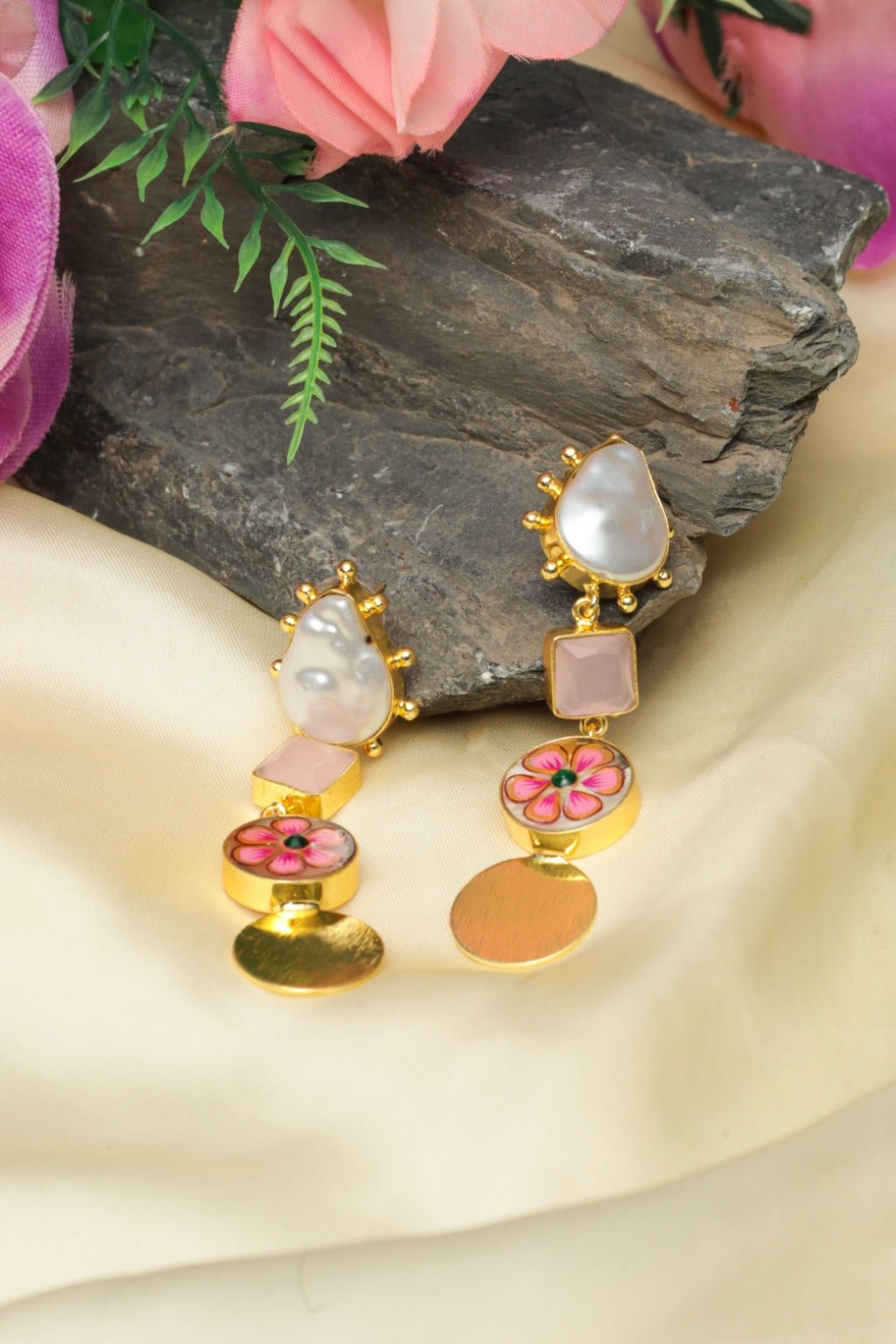 Gold - Plated Pink Baroque Drop Earrings - Zehnaz.ae
