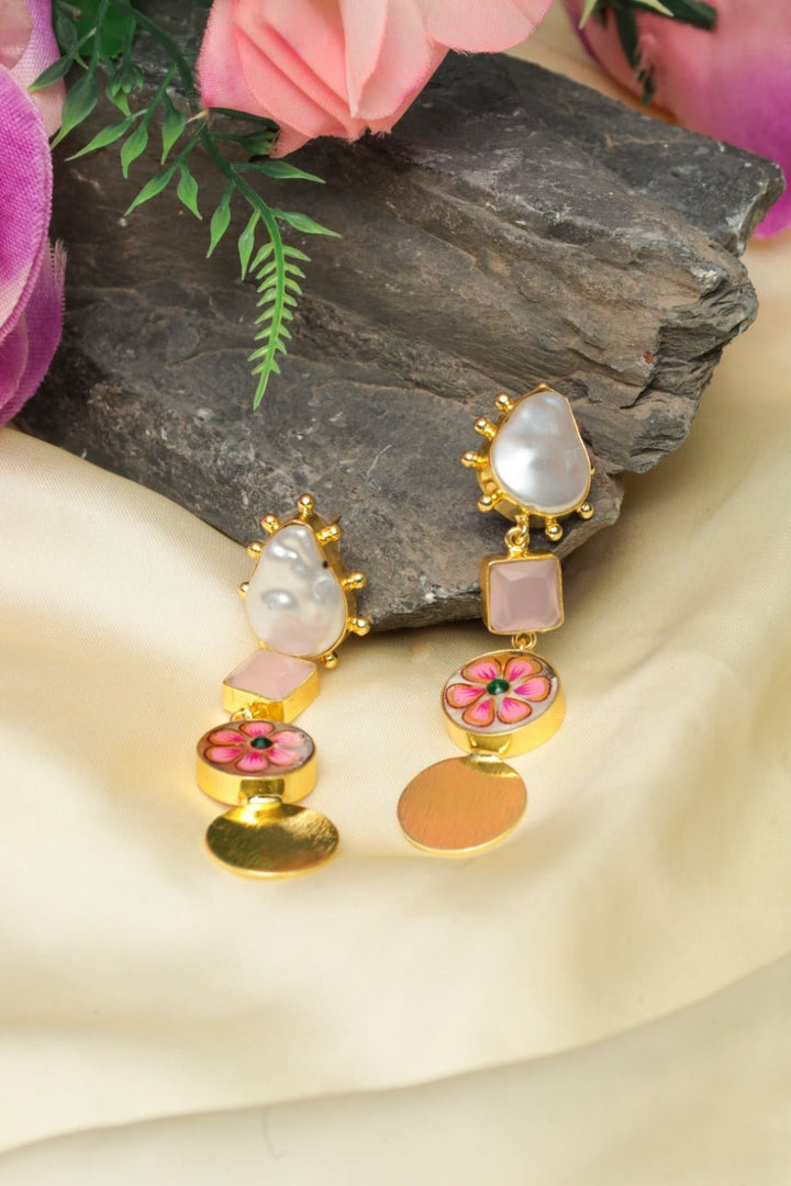 Gold - Plated Pink Baroque Drop Earrings - Zehnaz.ae
